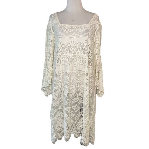 Free People Dresses & Skirts - Free People Cream Sheer Crochet Cropped Sleeve Dress